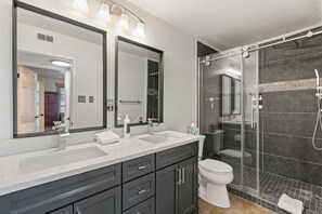 Shower, hair dryer, towels