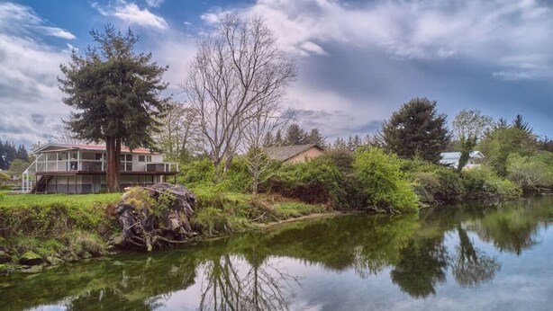 A tranquil riverside scene with a house and a large tree. - Riverfront Cottage with Hot Tub 1/4 mi from Beach (Brookings)