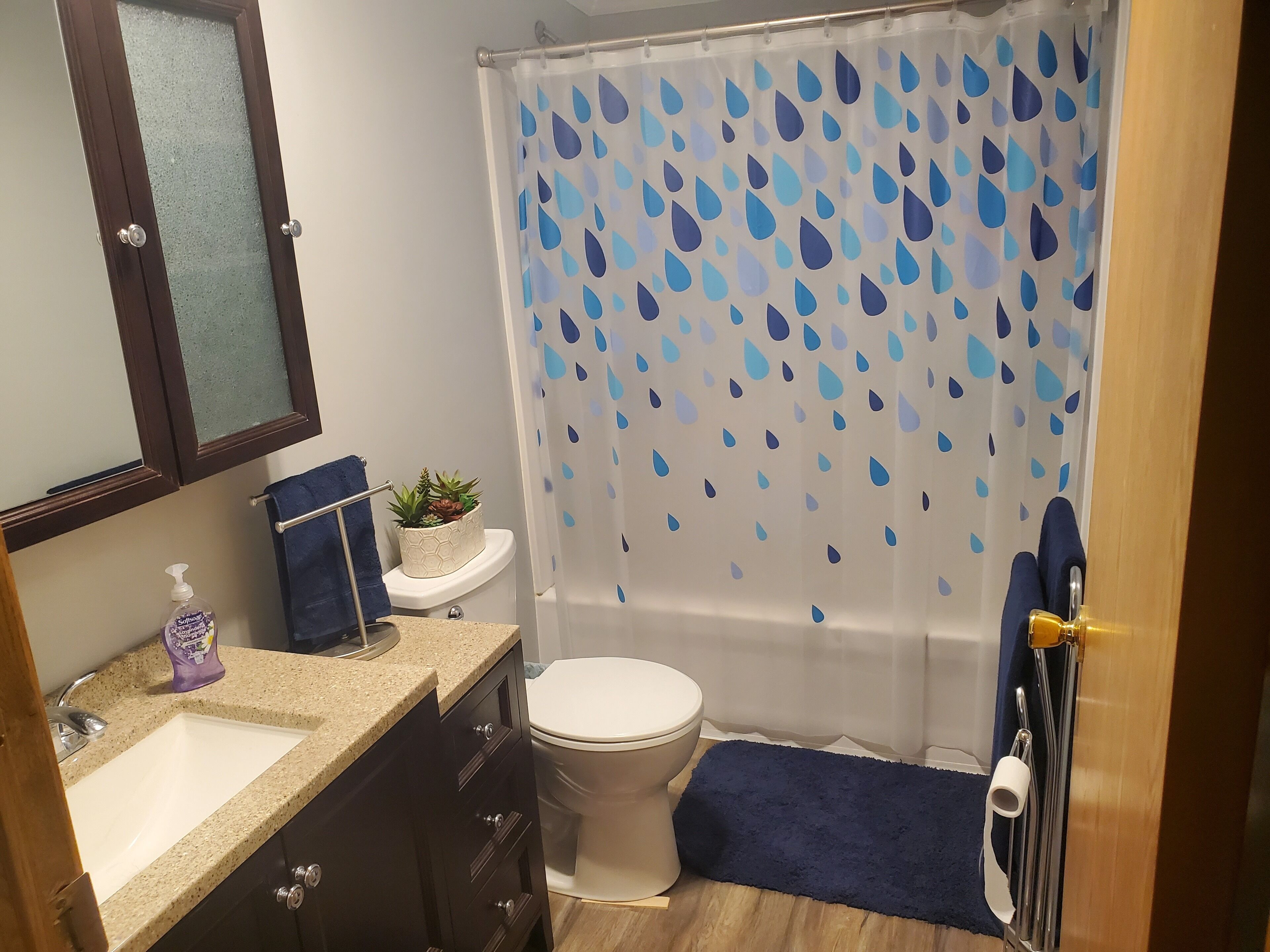 Un bagno con tenda da doccia a motivi blu e bianchi, un water, un lavandino con dispenser di sapone e una piccola pianta in vaso sul ripiano.