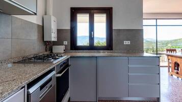 Een koelkast, een oven, een kookplaat, een vaatwasser