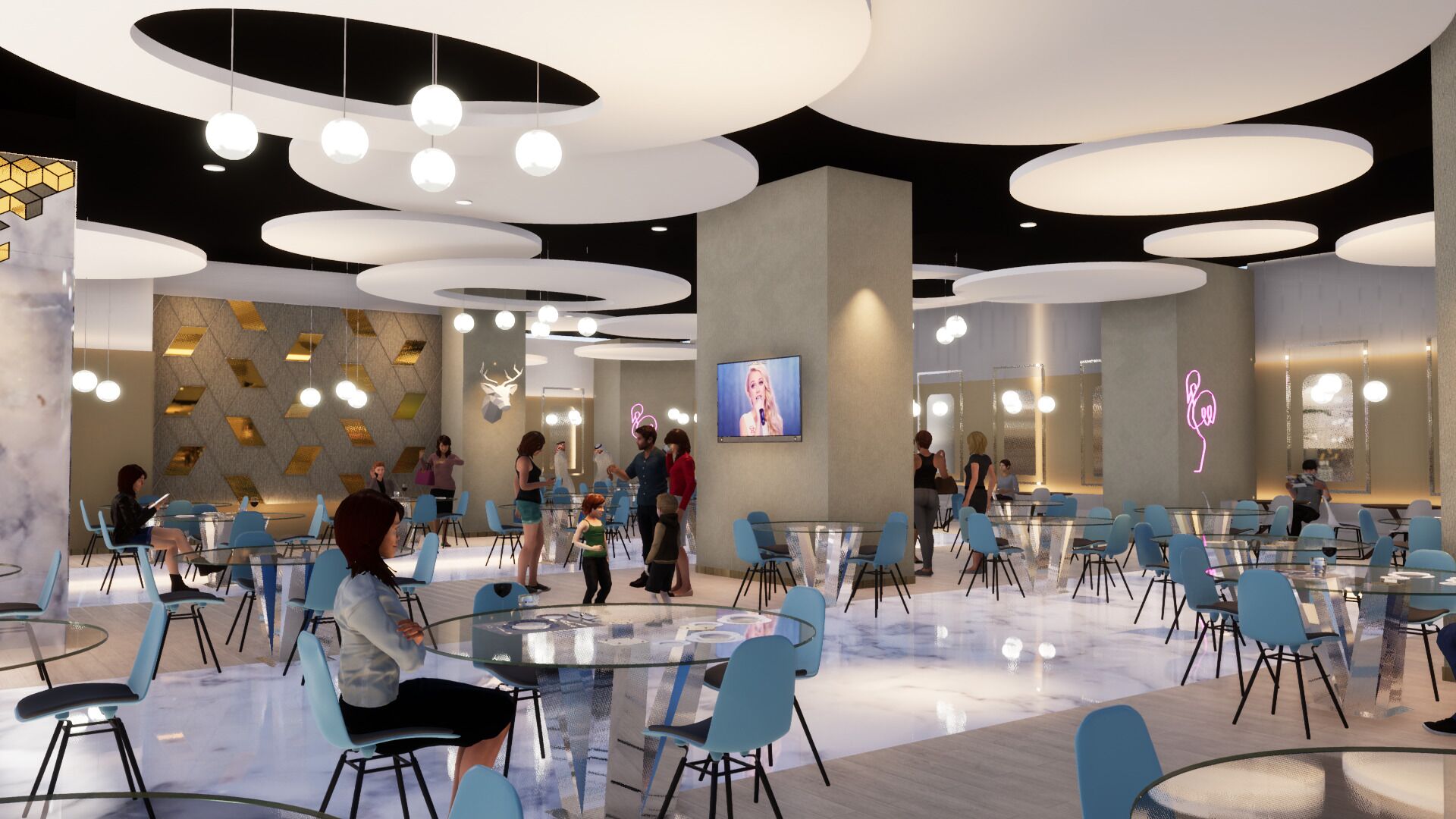 A modern interior with round tables and chairs, a central pillar, and a neon sign.