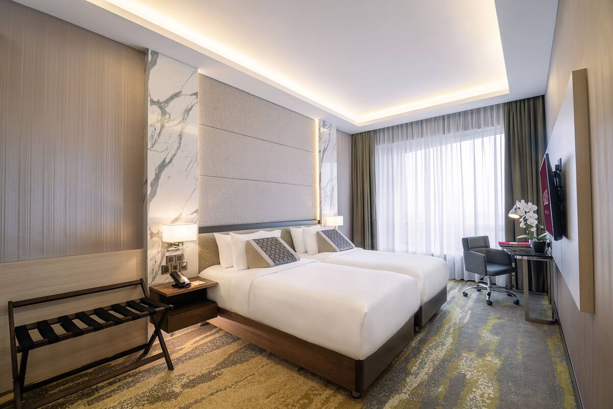 In-room safe, desk, laptop workspace, blackout drapes