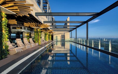 A rooftop infinity pool with lounge chairs and greenery, offering a city view.