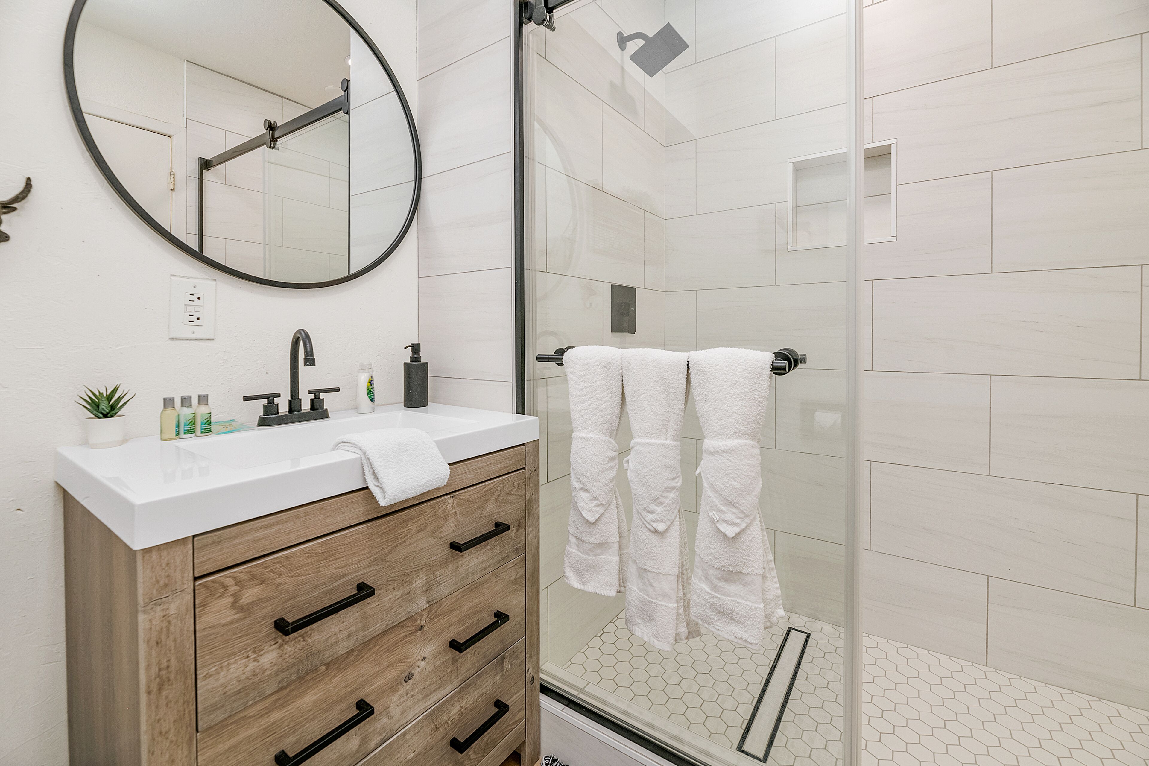 Shower, hair dryer, towels