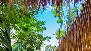 A pathway lined with bamboo and tropical plants, leading to a white building. - Jaakbal Tulum (Tulum)