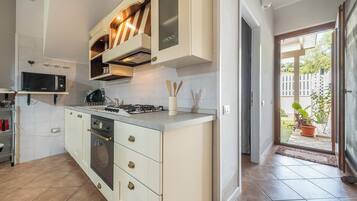 Frigorífico, microondas, horno y placa de cocina