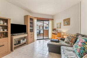 Een woonkamer met een televisie, houten kasten, een bank en uitzicht op een binnenplaats.