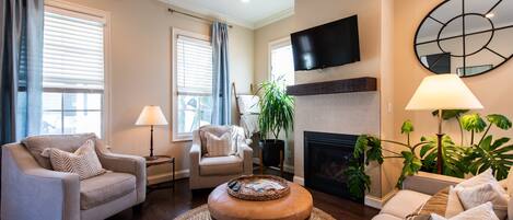 Smart TV, fireplace, books