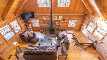 Smart TV, fireplace, books