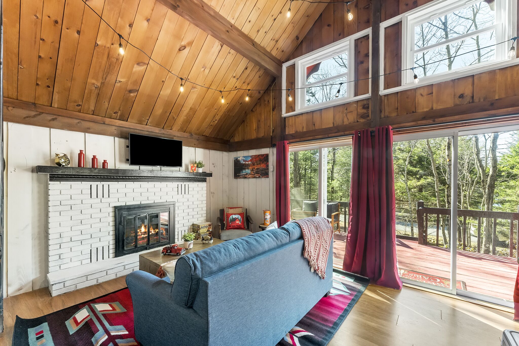 Smart TV, fireplace, foosball