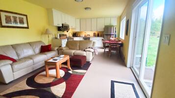 Smart TV, fireplace, books, offices