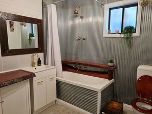 Combined shower/bathtub, hair dryer, towels, soap