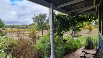 Stroll along the winding brick path, surrounded by lush greenery and vibrant flowers, to a serene bench amidst a picturesque vineyard.