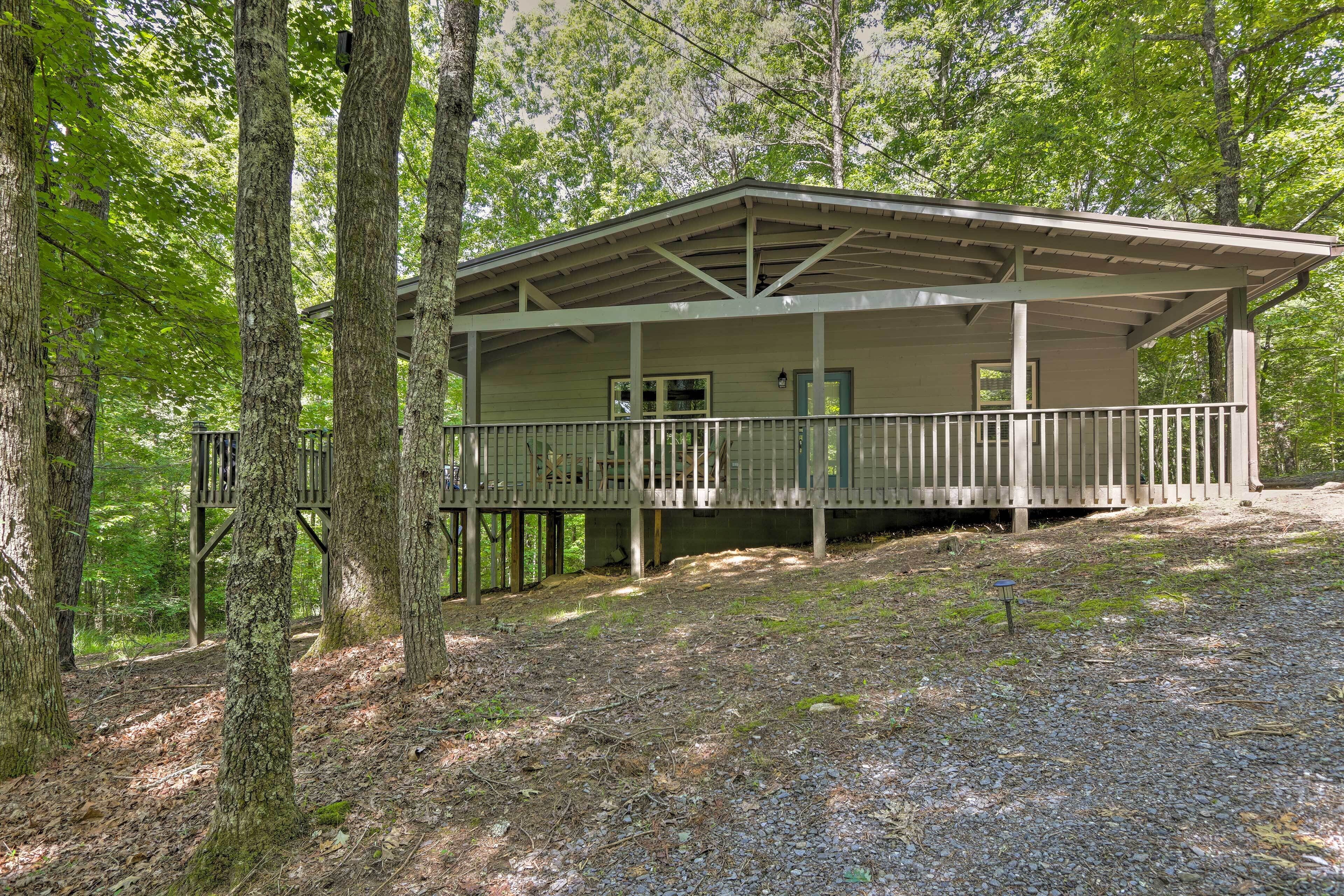 A cabin with a covered porch, surrounded by trees.