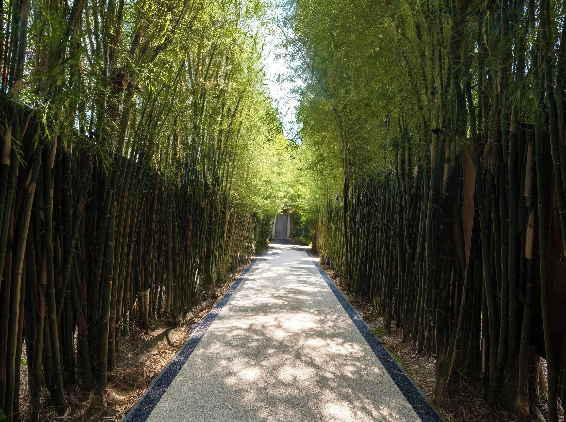 A pathway flanked by tall bamboo trees leading to a distant structure.
