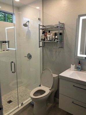 Shower, hair dryer, towels, soap