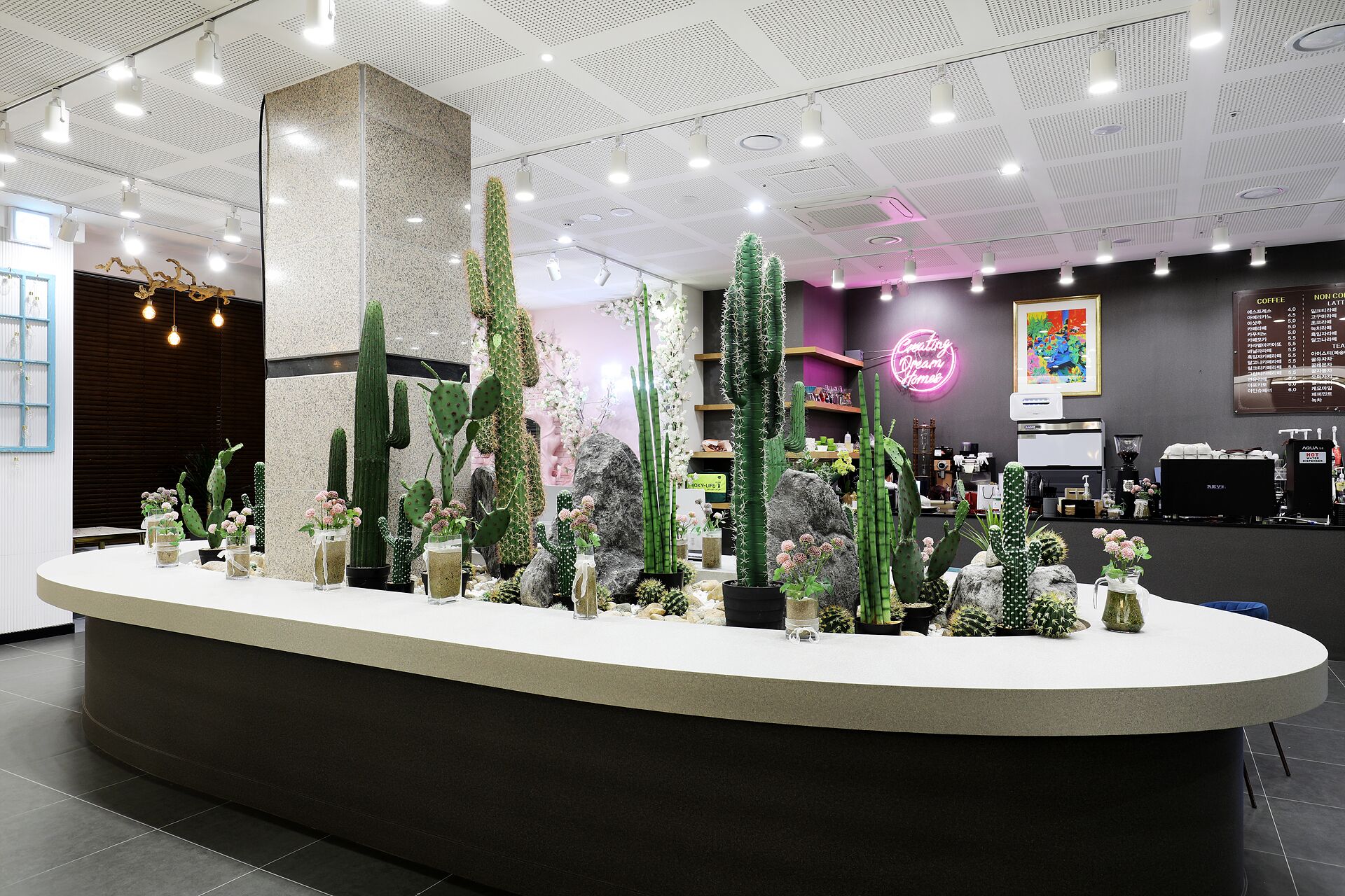 A reception area with a central counter, various cacti and succulents, and a neon sign.