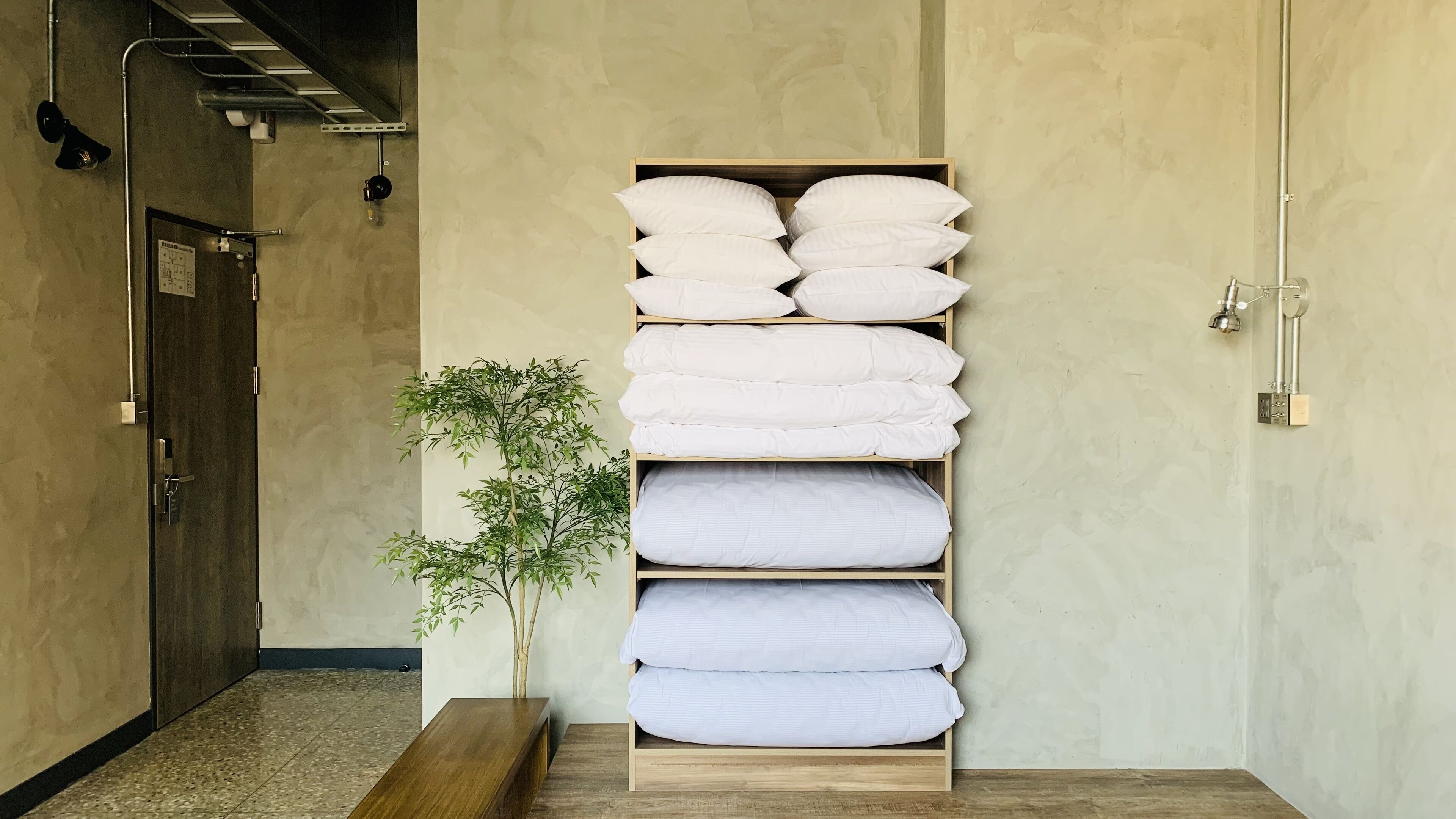Habitación de hotel con estante de madera que sostiene toallas dobladas, una planta en maceta y una puerta con perchero.