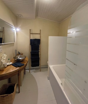 Séchoir à cheveux, serviettes fournies, savon, papier de toilette