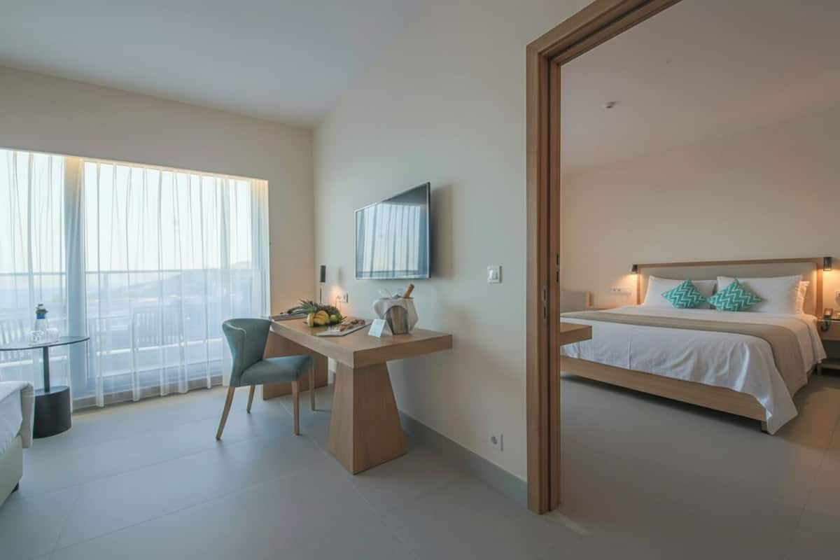A modern hotel room with a desk, chair, bed, and a large window with curtains.