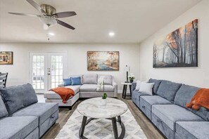 TV, fireplace, books, offices