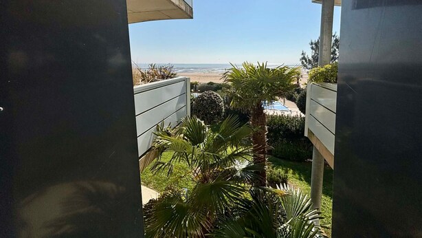 Une vue depuis un balcon donnant sur une plage, avec un palmier et une piscine au premier plan.