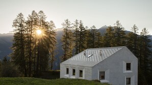 A modern house with a sloped roof, surrounded by a forest and mountains.