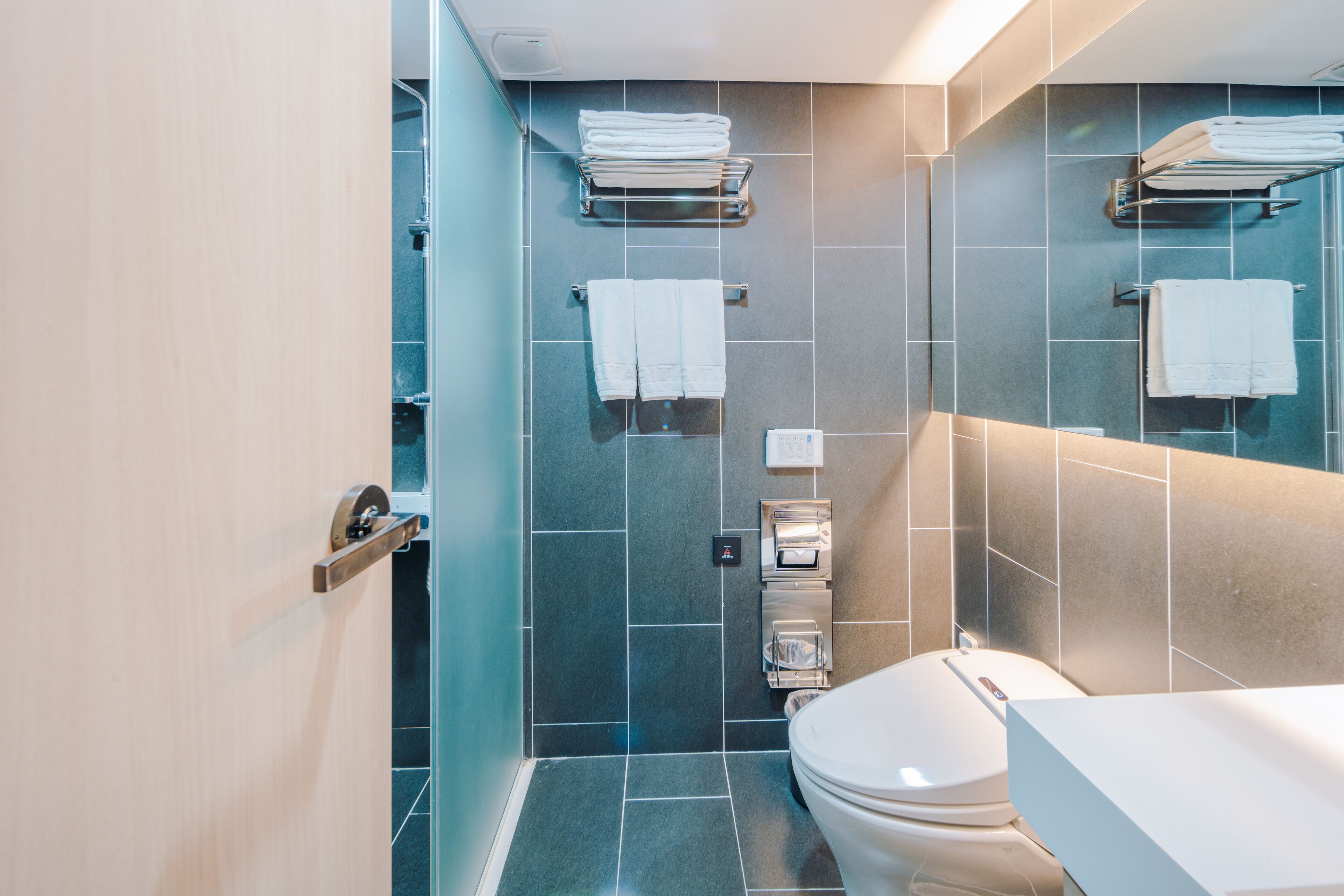 A modern bathroom with a toilet, a sink, and a shower area.
