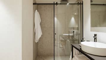 Interior holiday home 1 bedroom | Badezimmer | Dusche, Regendusche, kostenlose Toilettenartikel, Haartrockner