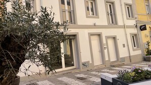 Un edificio de varios pisos con balcones, un olivo en maceta y un parterre de flores.