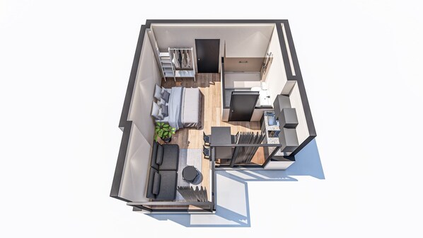 Distribución moderna de un apartamento con sala de estar, cocina y baño.
