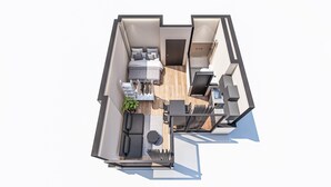 A modern apartment layout with a living room, dining area, kitchen, and two bedrooms.