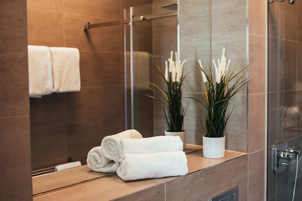 Shower, rainfall showerhead, hair dryer