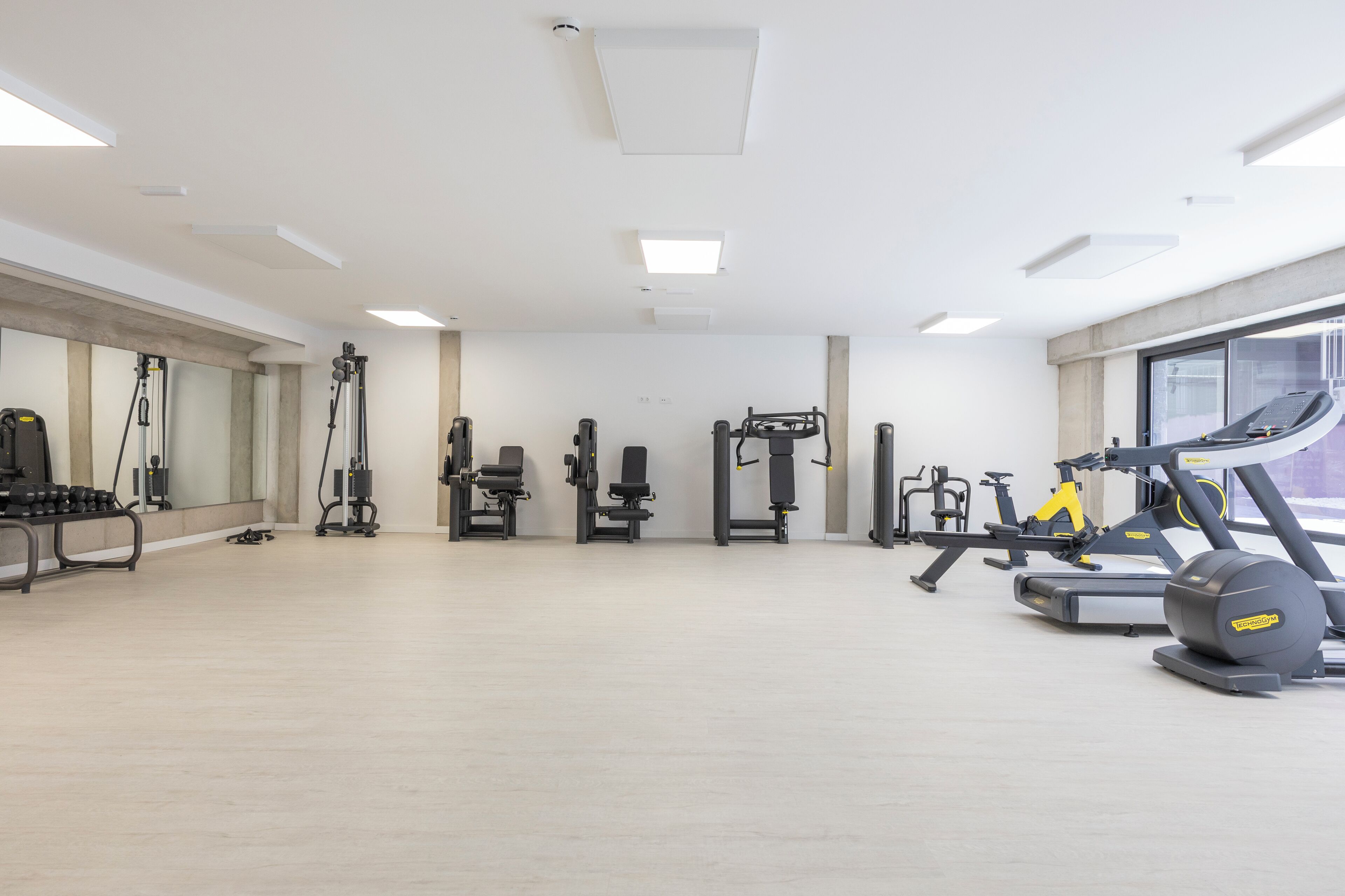 Ein geräumiges Fitnessstudio mit unterschiedlichen Trainingsgeräten, großen Fenstern und einem hellen Boden.