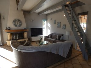 Televisión, chimenea, tenis de mesa y libros 