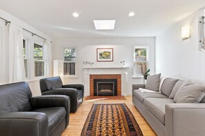 Smart TV, fireplace, DVD player, books