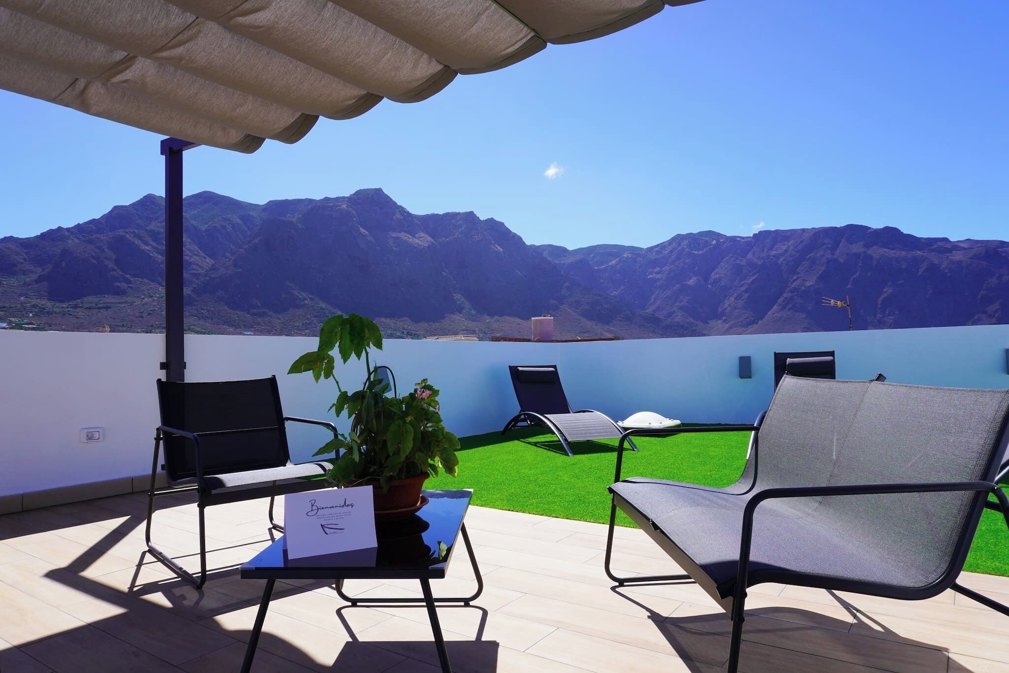 A terrace with chairs, a table, and a potted plant.