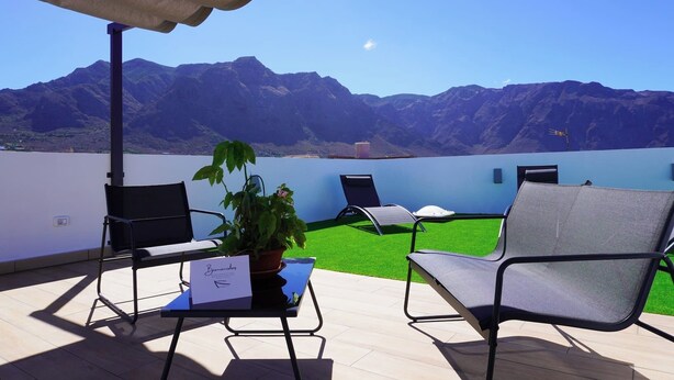 Une terrasse avec des chaises, une table et un pot de fleurs.