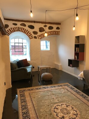 A cozy room with a sofa, ottoman, and a patterned rug. There are two windows and a bookshelf.