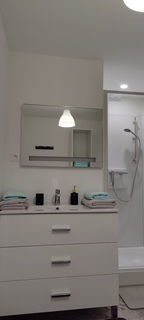 Douche, sĂšche-cheveux, serviettes fournies, papier toilette