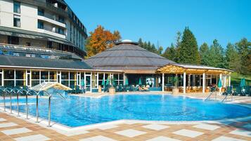 2 indoor pools, seasonal outdoor pool, pool umbrellas, sun loungers