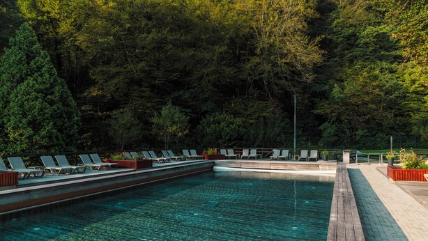 Piscina com espreguiçadeiras e deck de madeira, rodeada por mata densa.
