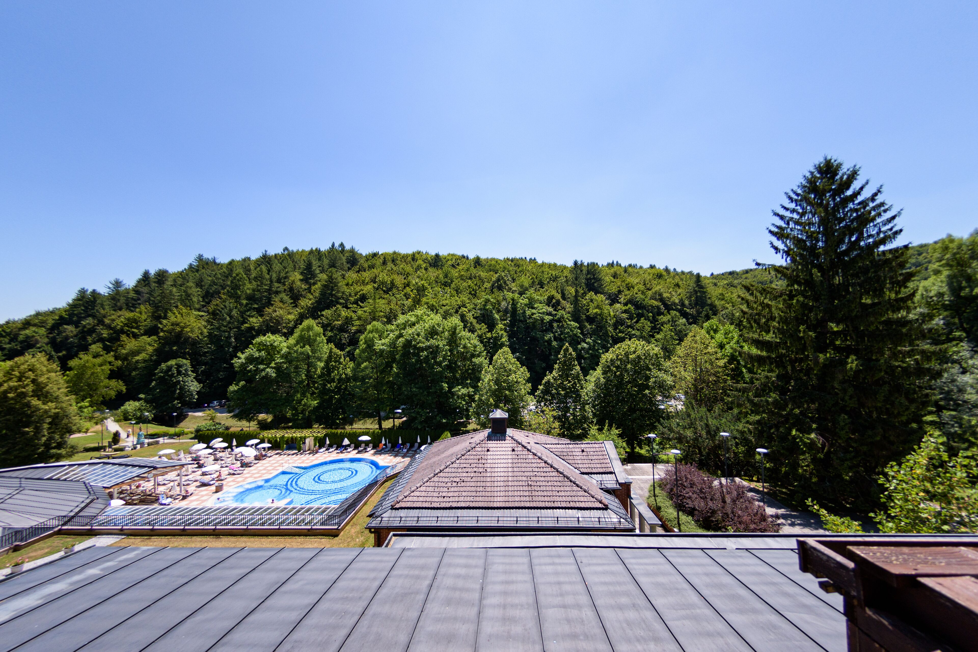 A rooftop with a swimming pool, a view of a forested hill, and a clear sky.