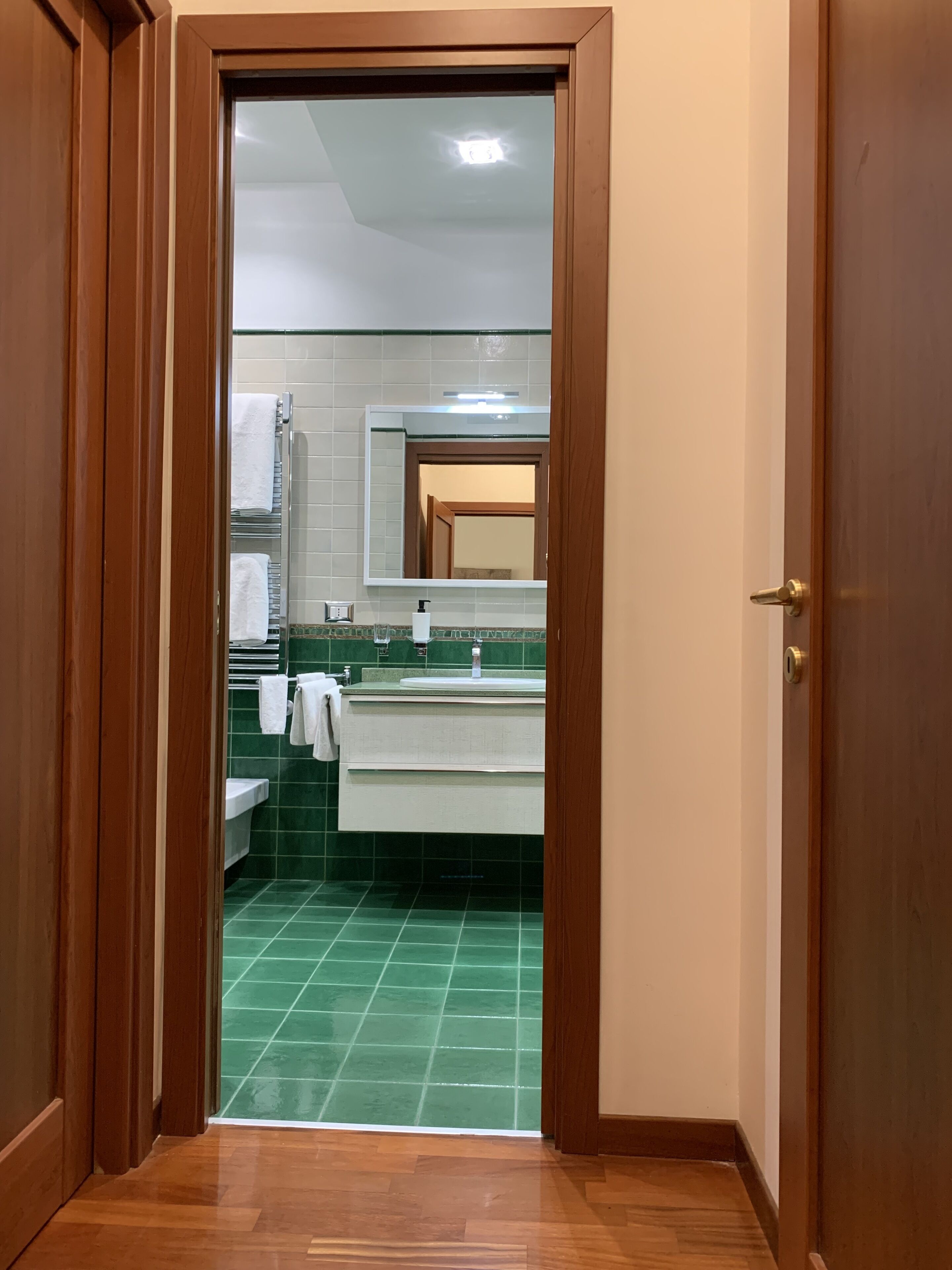 A bathroom with a green-tiled floor, a white sink, and a mirror above it.