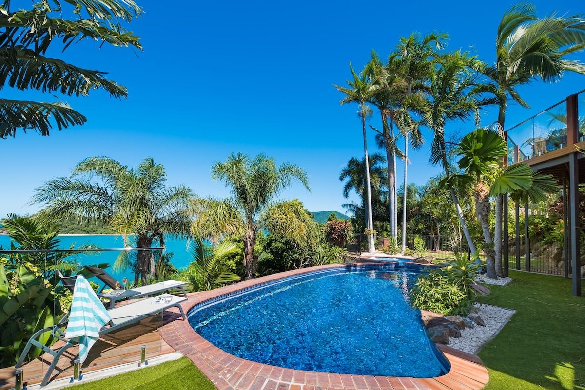 Ein Pool mit gewölbter Kante, umgeben von Palmen und wolkenlosem, blauem Himmel.