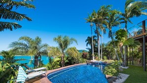 A swimming pool with a curved edge, surrounded by palm trees and a clear blue sky. - Coral Sea Pearl (Shute Harbour)