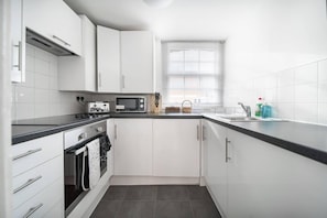 Apartment, 1 Queen Bed | Private kitchen | Fridge, microwave, oven, stovetop
