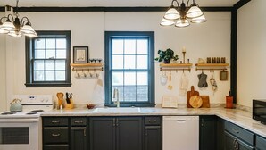 Une cuisine avec des meubles de couleur sombre, un lave-vaisselle blanc, une cuisinière et un évier. On y trouve deux fenêtres, une plante et des ustensiles de cuisine sur le plan de travail.
