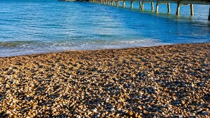 A pebbled beach with a pier extending into the sea. - 48 The Bay (St Margarets at Cliffe,)