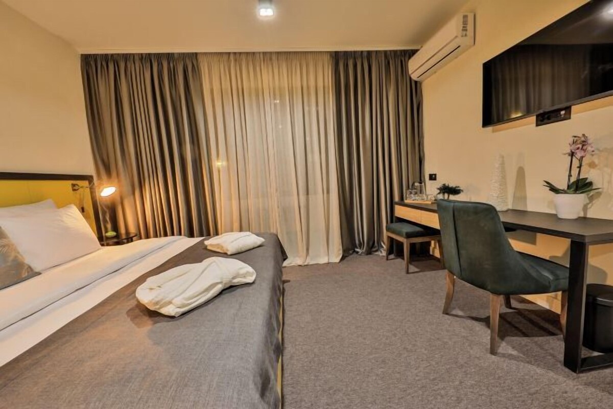 A hotel room with a bed, a desk, a chair, a potted plant, and a large window with curtains.